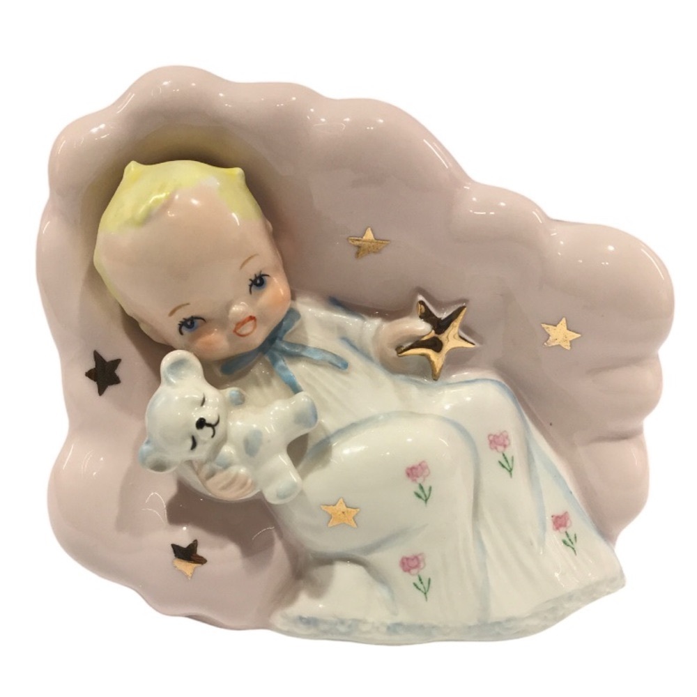 Vintage Pink Ceramic Baby Holding Star And Teddy Nursery Decor Planter Japan